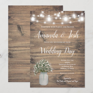 Rustic Babys Breath Mason Jar Lights Wedding Invitation