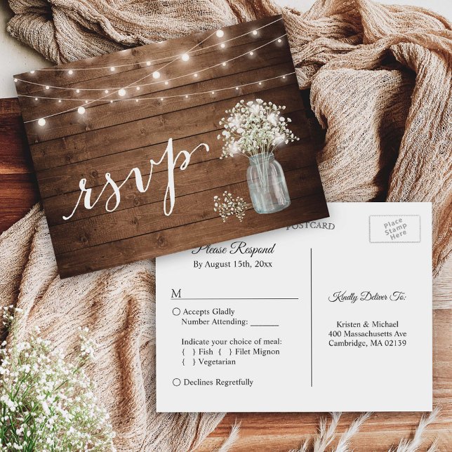 Rustic Baby's Breath Mason Jar String Lights RSVP Invitation Postcard (The postcard offers plenty of space for your guests to RSVP and indicate their meal preferences.)