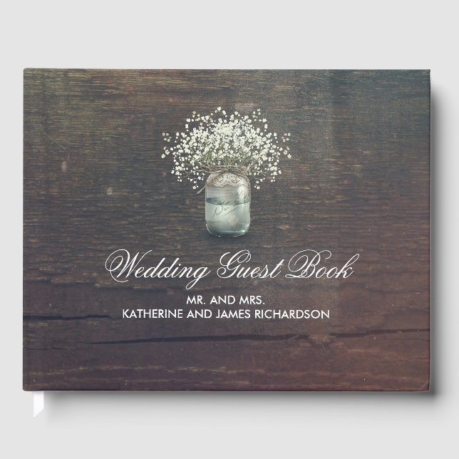 Rustic Baby's Breath Mason Jar Wedding Guest Book (Front)