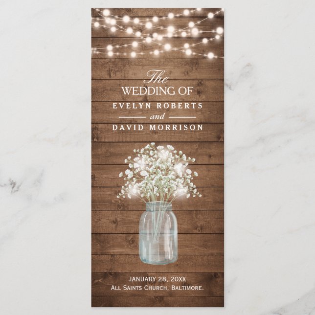 Rustic Baby's Breath Mason Jar Wedding Program Programme (Front)
