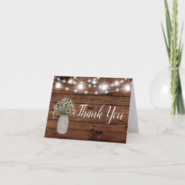 Rustic Babys Breath Mason Jar Wood Thank You (Front)