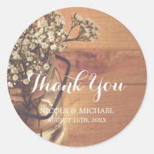 Rustic Baby's Breath Mason Jar Wood Wedding Classic Round Sticker