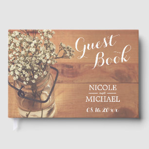 Rustic Baby's Breath Mason Jar Wood Wedding Guest Book