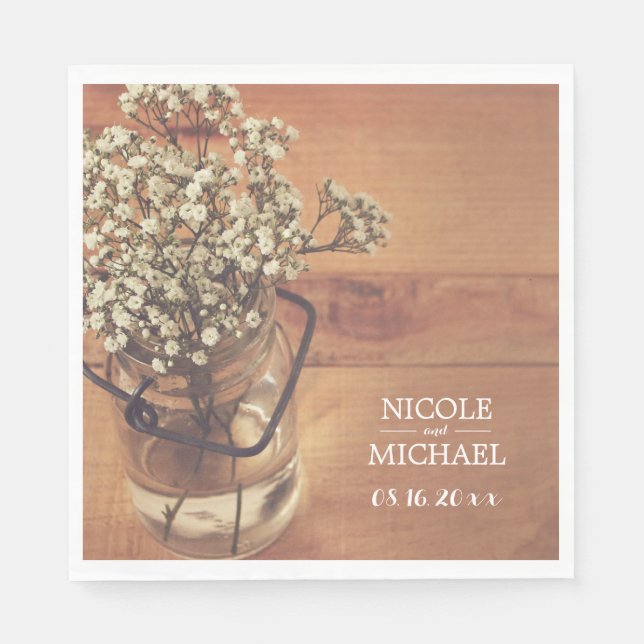 Rustic Baby's Breath Mason Jar Wood Wedding Napkin (Front)