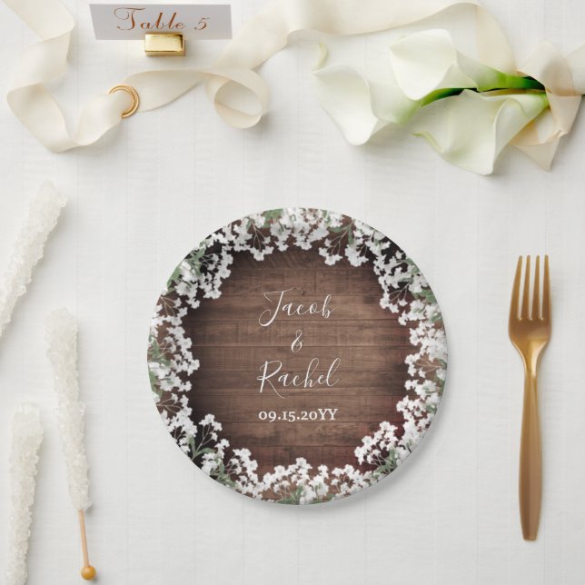 Rustic Baby's Breath on Dark Wood Wedding Paper Plate (Wedding)