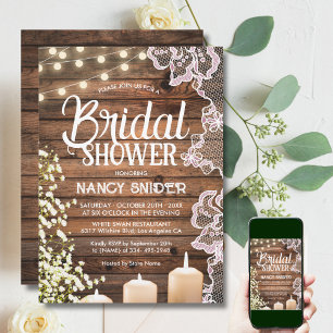 Rustic Baby's Breath String Lights & Lace Bridal Invitation