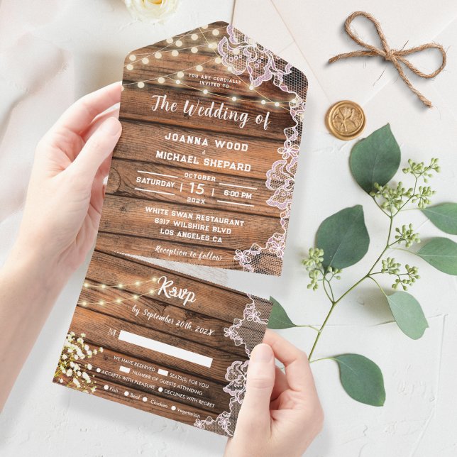 Rustic Baby's Breath String Lights Lace Wedding  All In One Invitation (Creator Uploaded)