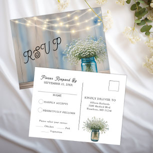 Rustic Baby's Breath String Lights Mason Jar RSVP Postcard