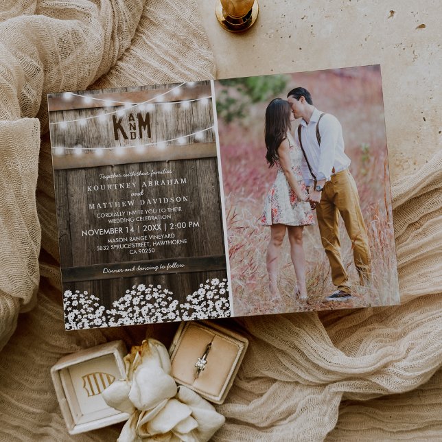 Rustic Baby's Breath String Lights Photo Wedding Invitation (Creator Uploaded)