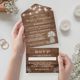 Rustic Baby's Breath String Lights Wedding All In One Invitation