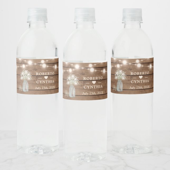 Rustic Baby's Breath String lights Wedding Water Bottle Label (Bottles)