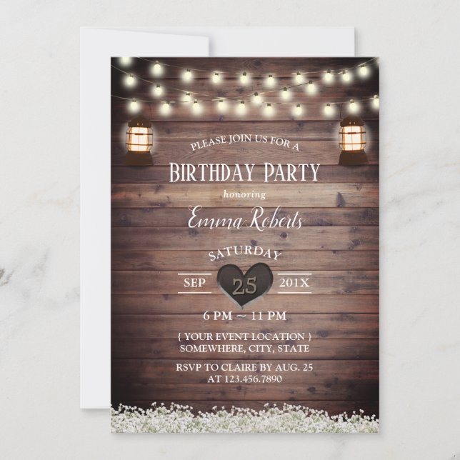 Rustic Baby's Breath Vintage Lantern Birthday Invitation (Front)