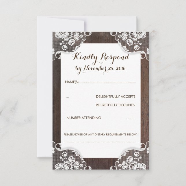 Rustic Baby's Breath Wood and Lace Wedding RSVP Card (Front)