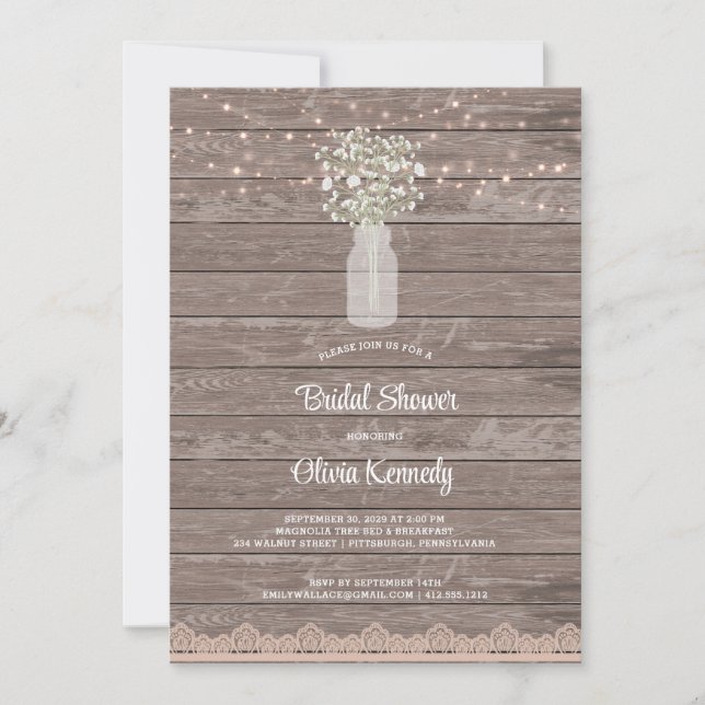Rustic Baby's Breathe Mason Jar Bridal Shower  Invitation (Front)
