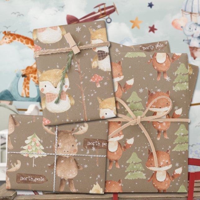 Rustic Baby's First Christmas Fox Owl & Moose Wrapping Paper Sheet (Rustic Kraft Baby's First Christmas Red Fox Owl & Moose Going To The North Pole Gift Wrapping Trio )