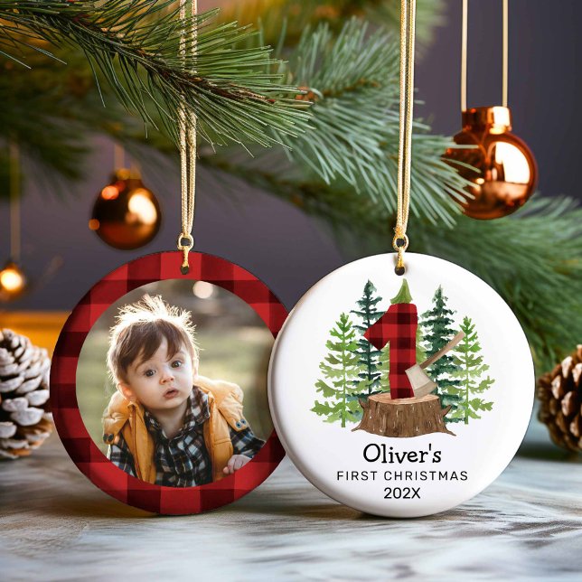 Rustic Baby's First Christmas Photo Ceramic Tree Decoration (1st Christmas Boy Buffalo Plaid Woodland Ornament)