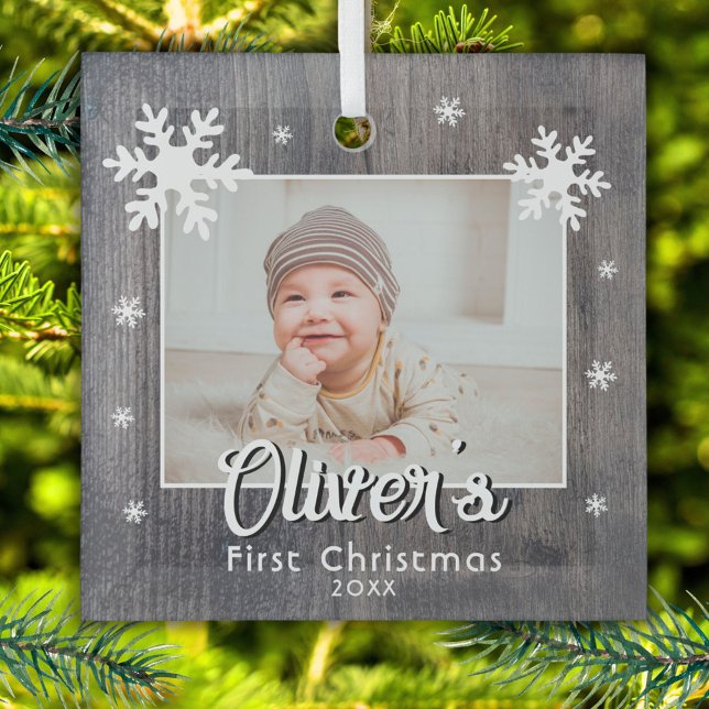 Rustic Baby's First Christmas Wood Snowflake Photo Glass Tree Decoration (Creator Uploaded)