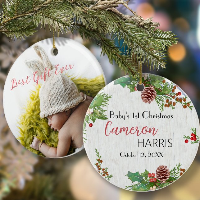 Rustic Baby's Milestone 1st Christmas Photo  Ceramic Tree Decoration (Creator Uploaded)