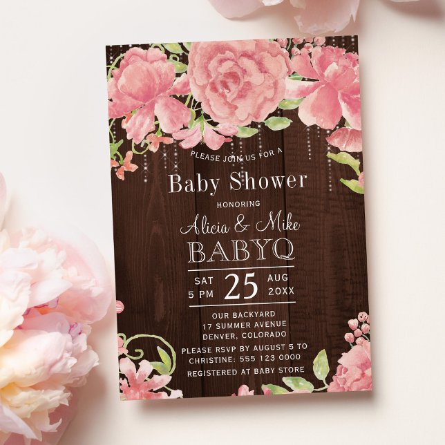 Rustic backyard baby shower bbq floral pink wood invitation (Creator Uploaded)