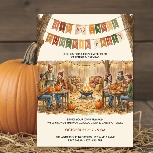 Rustic Backyard Sip and Carve Pumpkin Party Invitation (Sip and Carve Pumpkin Party Halloween Invitation by Darling & May)