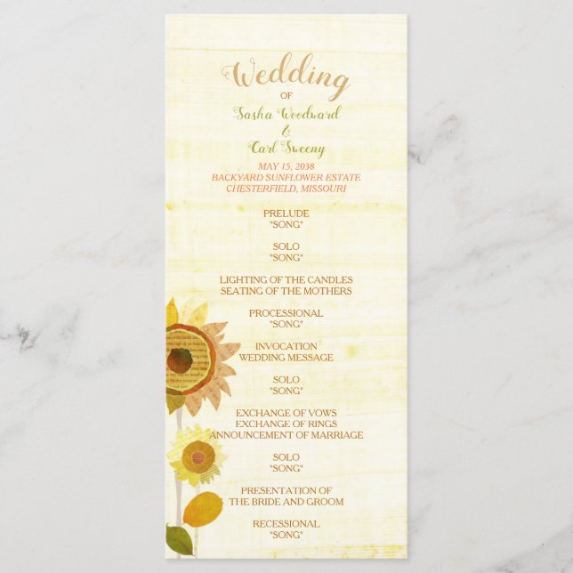 Rustic Backyard Sunflowers Wedding Program Programme (Front)