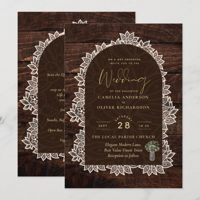 Rustic Backyard Woodland Wedding Wood Lace Invitation (Front/Back)