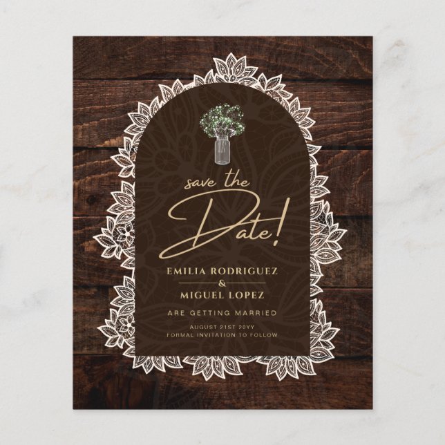 Rustic Backyard Woodland Wood Lace SAVE DATES Flyer (Front)