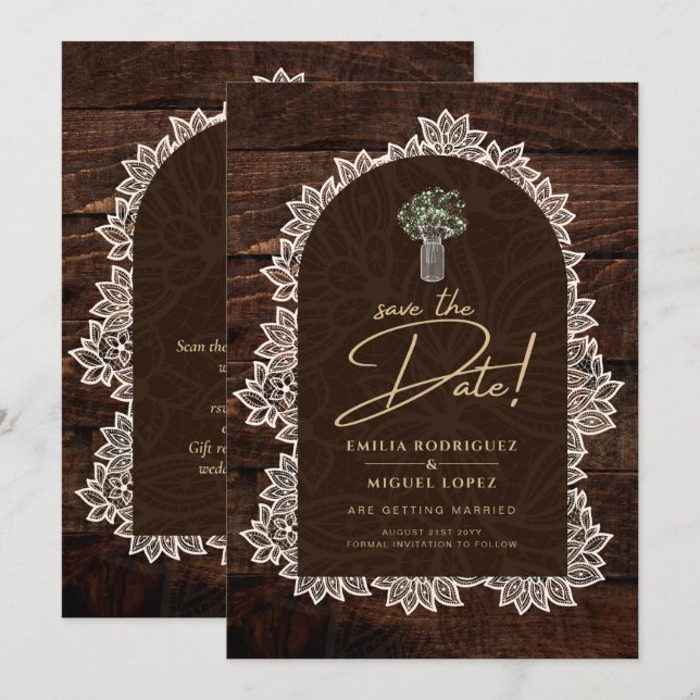 Rustic Backyard Woodland Wood Lace SAVE DATES Invitation (Front/Back)