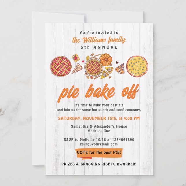 Rustic Bake Off Cook Off Friendsgiving Pumpkin Pie Invitation (Front)