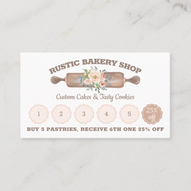 Rustic Bakery Buy five get discount loyalty Business Card (Front)