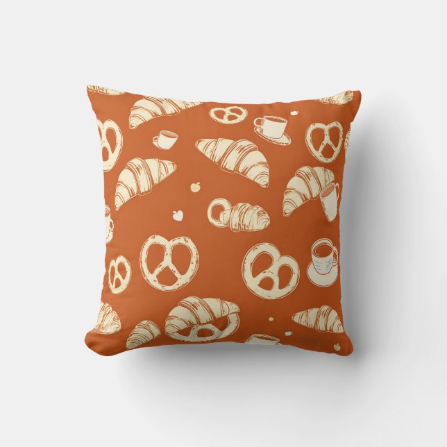 Rustic Bakery Croissants and Pretzels Hand-Drawn  Cushion (Front)