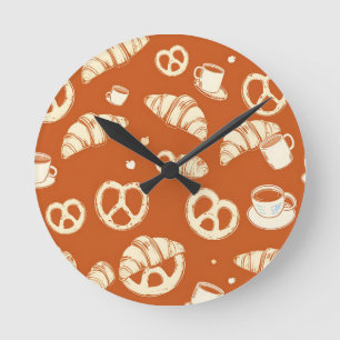 Rustic Bakery Croissants and Pretzels Hand-Drawn Round Clock