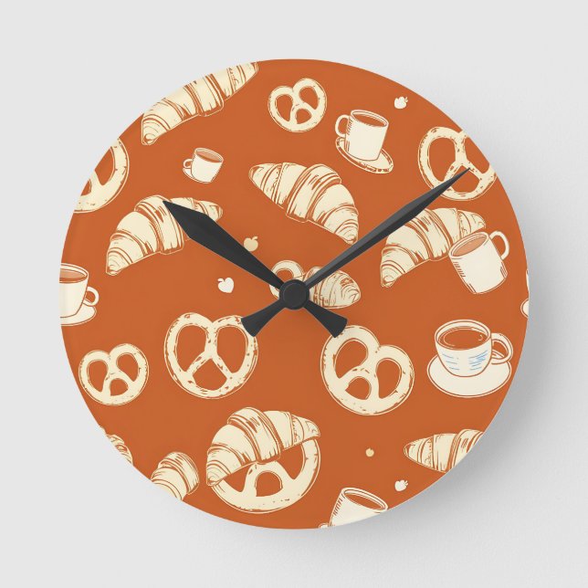 Rustic Bakery Croissants and Pretzels Hand-Drawn  Round Clock (Front)