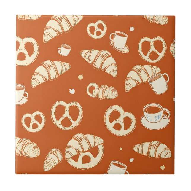 Rustic Bakery Croissants and Pretzels Hand-Drawn  Tile (Front)