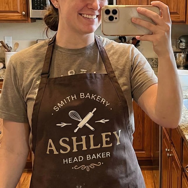 Rustic Bakery Head Baker Typography Modern  Apron (Personalized baker apron gift for women with custom name and title)