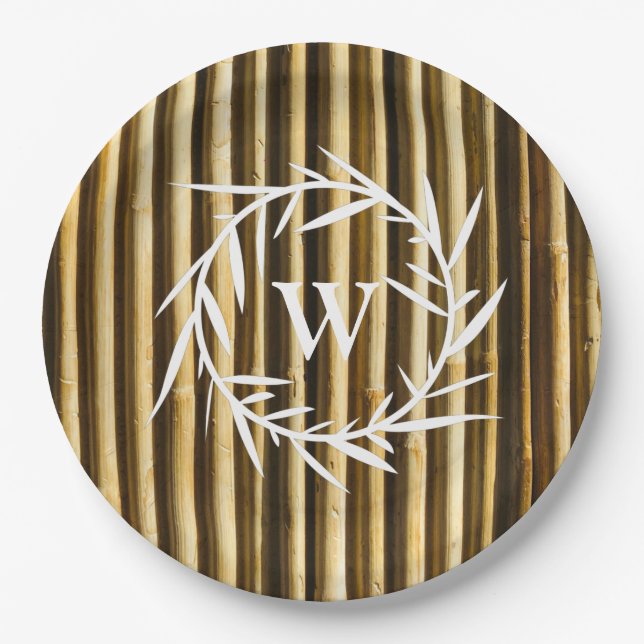 Rustic Bamboo Monogram Vertical Lines Pattern Paper Plate (Front)