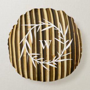 Rustic Bamboo Monogram Vertical Lines Pattern Round Cushion