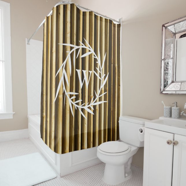 Rustic Bamboo Monogram Vertical Lines Pattern Shower Curtain (In Situ)