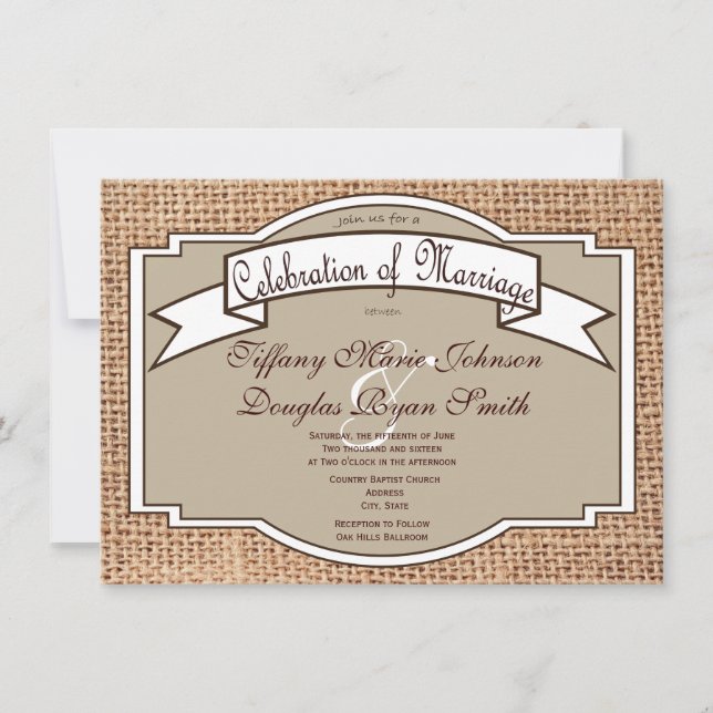 Rustic Banner Burlap Print Wedding Invitations (Front)