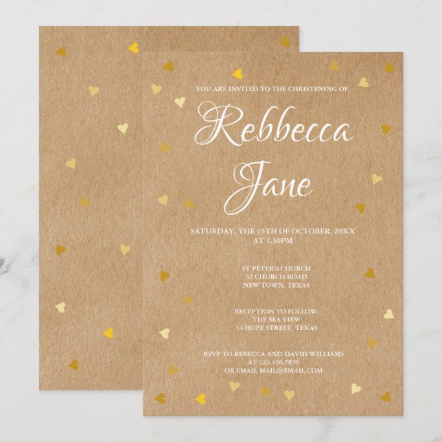 Rustic Baptism Christening Gold Hearts Invitation (Front/Back)