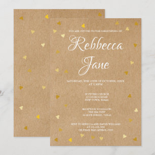 Rustic Baptism Christening Gold Hearts Invitation