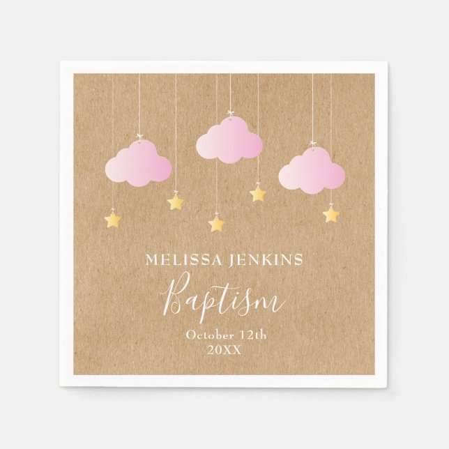 Rustic Baptism Christening Pink Clouds Gold Stars Napkin (Front)