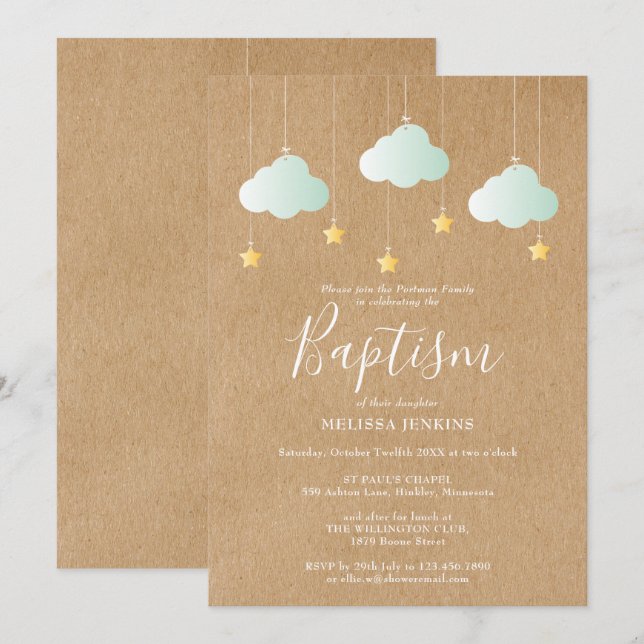 Rustic Baptism Christening Twinkle Stars Invitation (Front/Back)