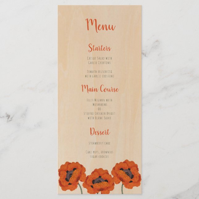 Rustic Baptism Girl Poppies Wood Red Handwriting Menu (Front)