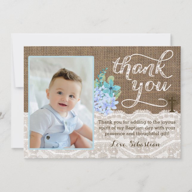 Rustic Baptism Photo Thank You For Boy, 7x5 (Front)
