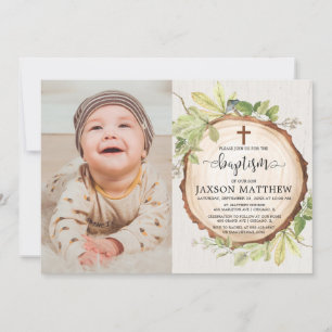 Rustic baptism photo woodland fall foliage invitation