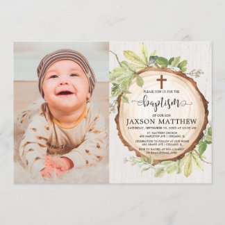 Rustic baptism photo woodland fall foliage invitation