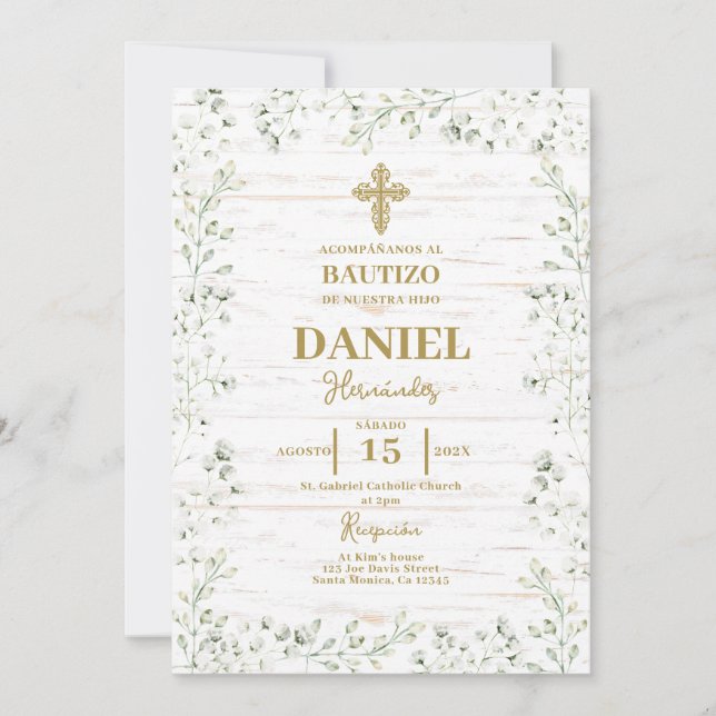 Rustic Baptism Spanish Invitation (Front)