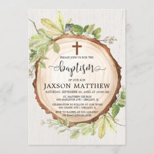 Rustic baptism woodland fall foliage greenery invitation