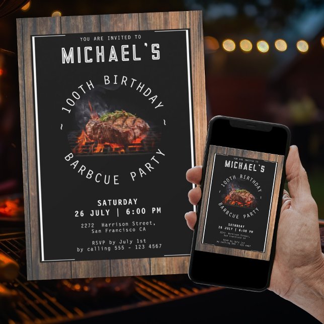 Rustic Barbecue 100th Birthday Party Invitation (100th Birthday Barbecue Party Modern Rustic Invitation)